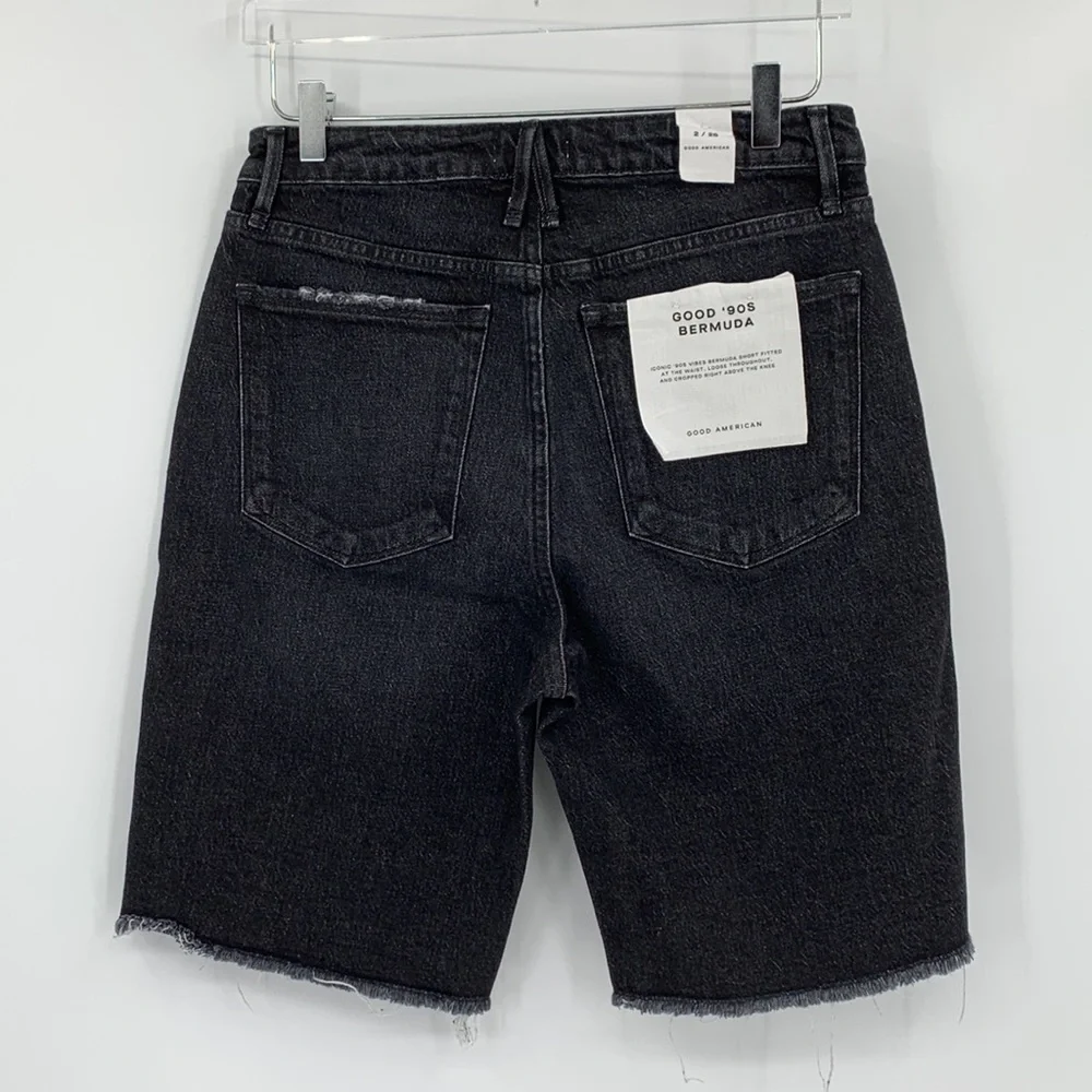 Good American 90's Bermuda cut-off denim black long jean shorts frayed new 26 2